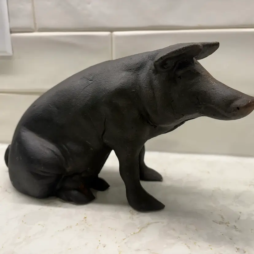 Black Cast Iron 5.5X10" Sitting Pig Figurine Bank Or Doorstop