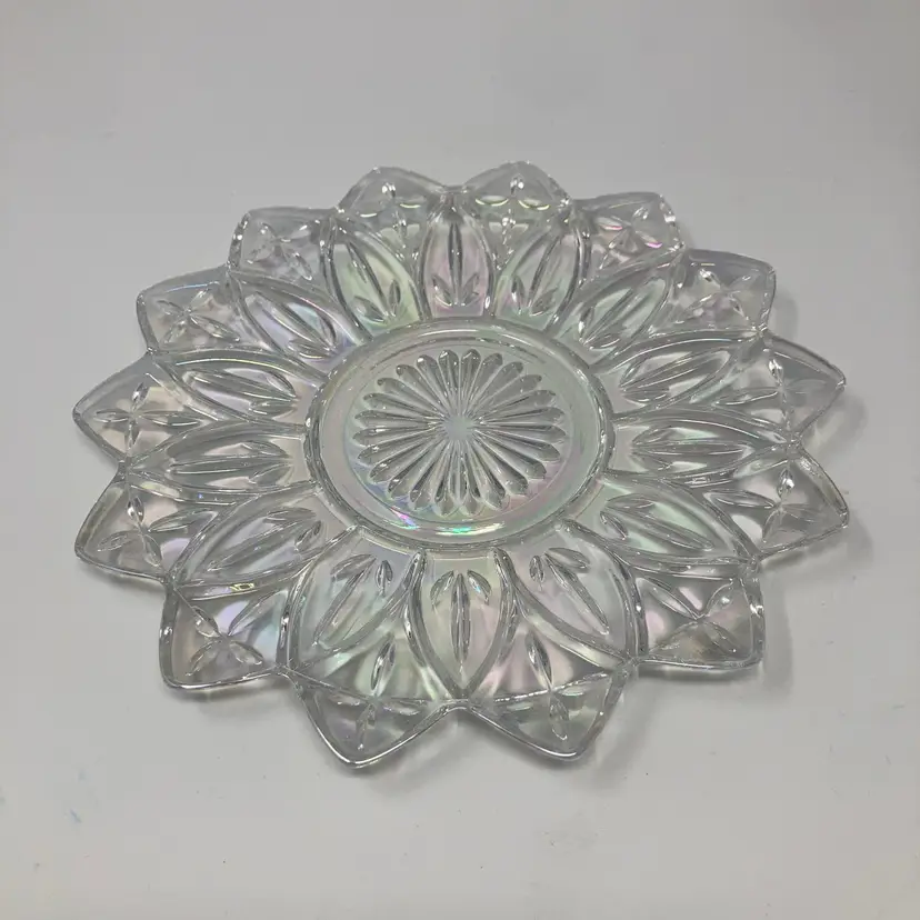 14 Petal 9 1/4” Wide Clear Rainbow Iridescent Glass Plate!