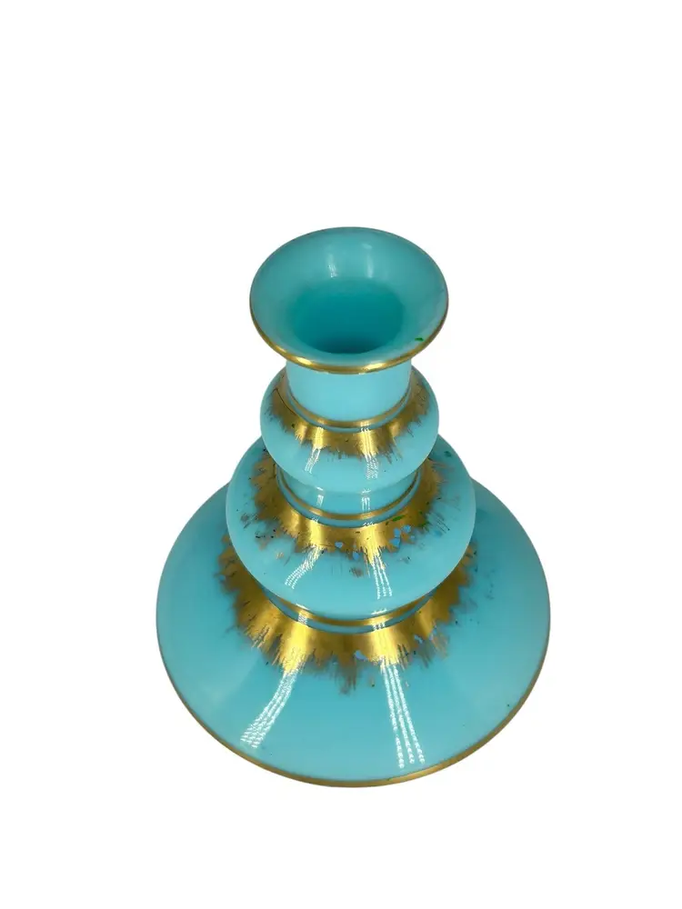 Antique Bohemian Blue Opaline Glass Perfume Bottle with Stopper • Hand-Painted Gold Gilt • Victorian Art Glass Vanity Décor