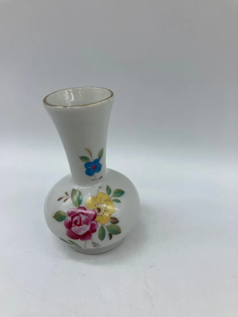 Vintage Vase Miniature Hand Painted Flowers Leaves White Pink Yellow Green Gold