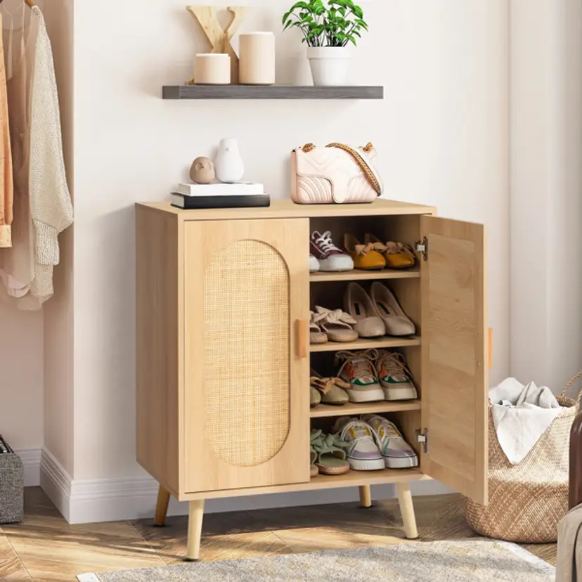 2-Door Rattan Shoe Cabinet with Raised Legs β Wood Color