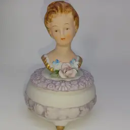Vintage Ucagco Japan Bisque Porcelain Victorian Trinket Lady Head Jewelry Box Bisque porcelain trinket box