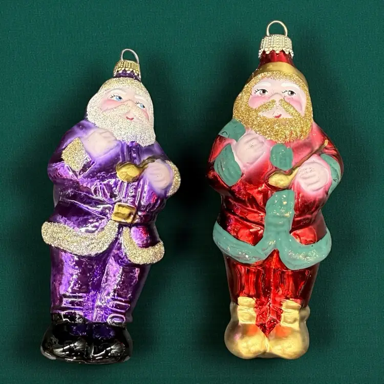2 Vintage Germany Santa Claus Christmas Blown Glass Ornaments Hand Painted
