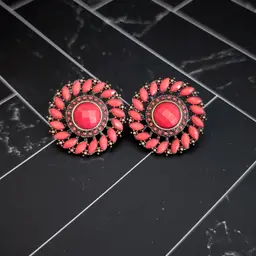 Vintage Stud Earrings Large Red and Dark Tones Statement Circle Earrings