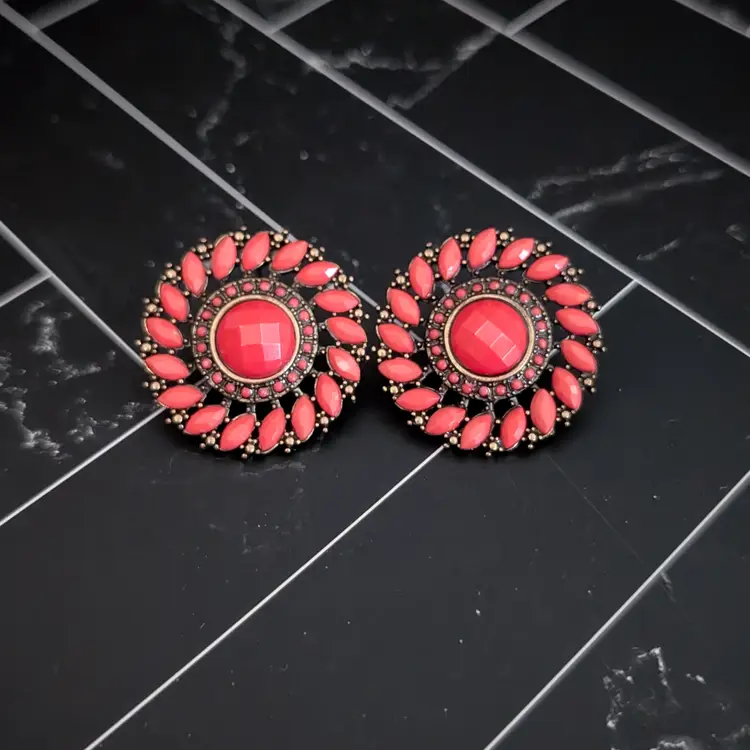 Vintage Stud Earrings Large Red and Dark Tones Statement Circle Earrings