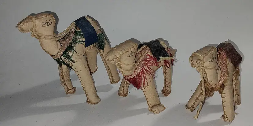 Set of 3 Vintage Camels, Hand Stitched Leather and Stuffed Arabian Dromedary