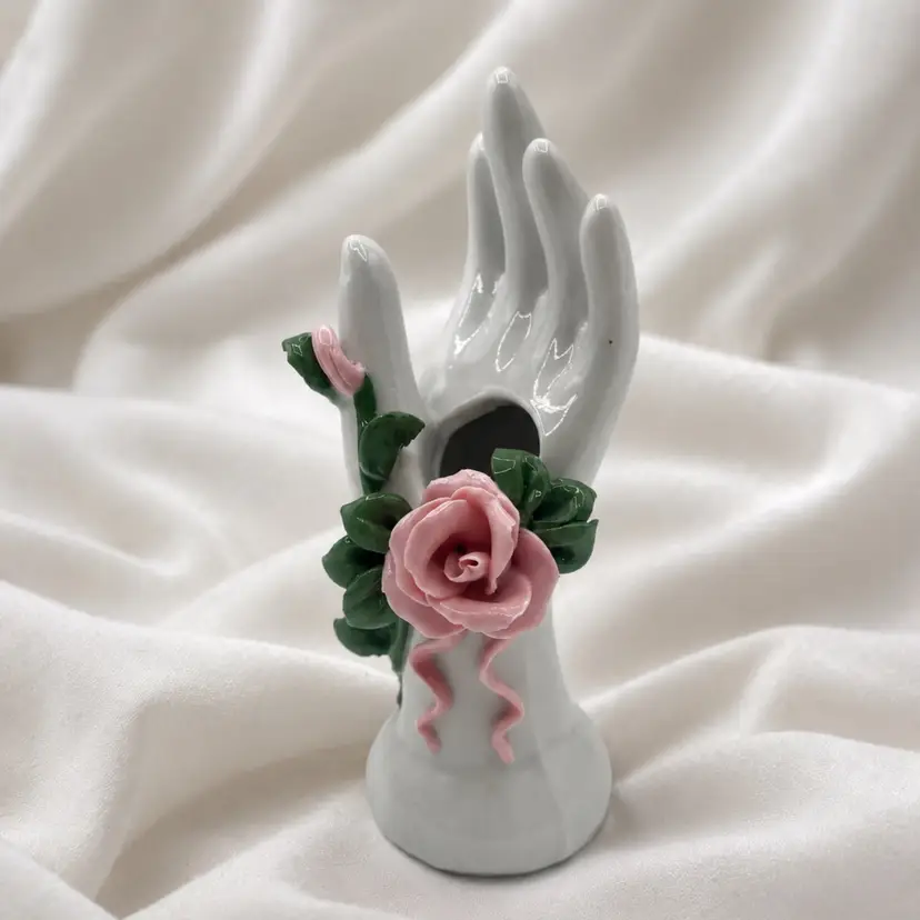 BTT - Vintage Porcelain Hand Ring Holder Bud Vase W/ Pink Rose