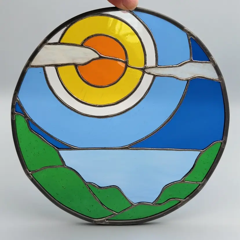 Sun Landscape Over Ocean Sea Water Round Stained Glass Sun Catcher 7.75"
