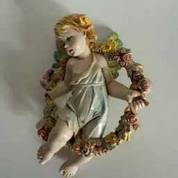 Vintage 1989 Fontanini Christmas Angel Depose Italy Flower Wreath 6.5"