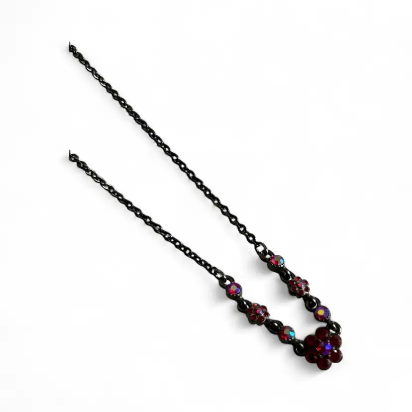 Oxidized Silvertone Chain with Iridescent Red Marquise & Black Rhinestones - Untested