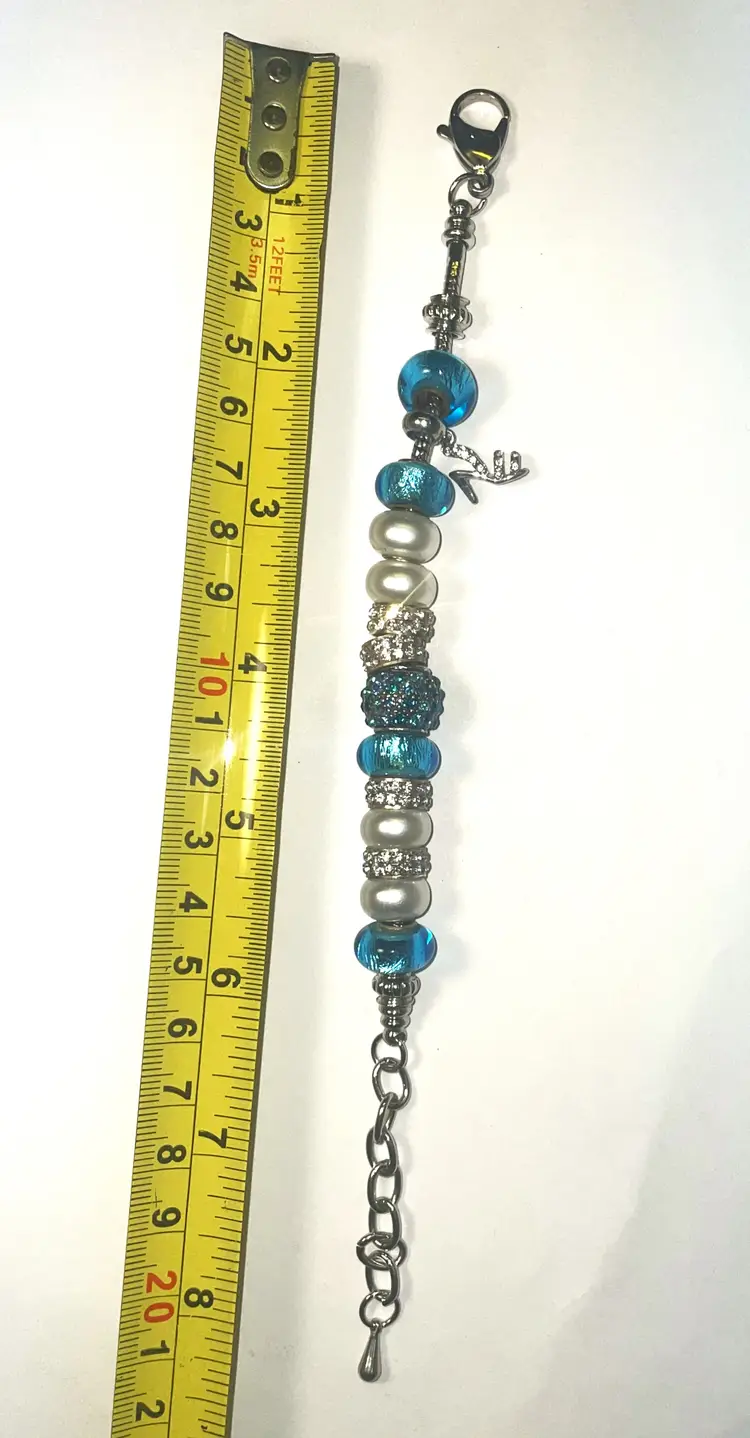 Blue Foil/Crystal/Pearl Bead Charm Bracelet Silver Tone Bow European