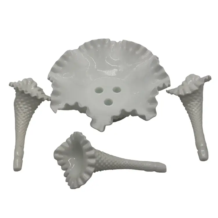 Vintage Art Glass Fenton White Milk Glass Hobnail 3 Horn Epergne Apx 9”h