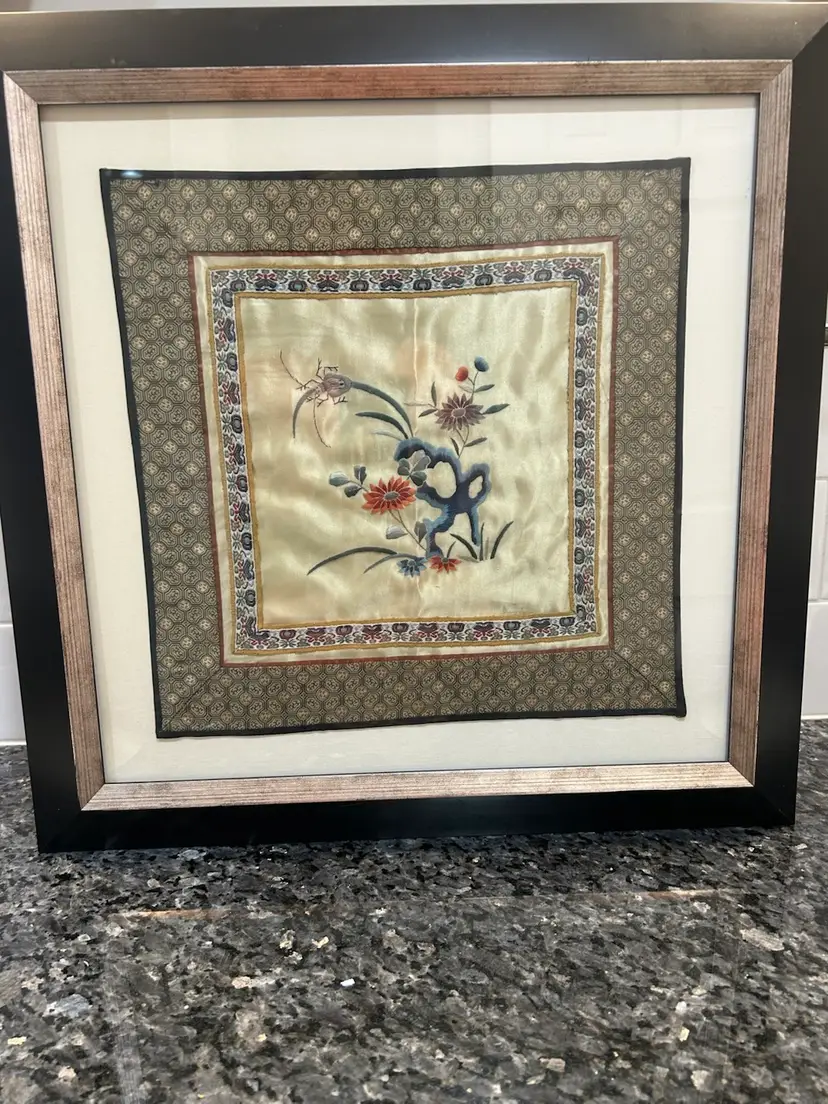 Framed Vintage Asian Silk Embroidered Beetle, Bug Panel Wall Decor