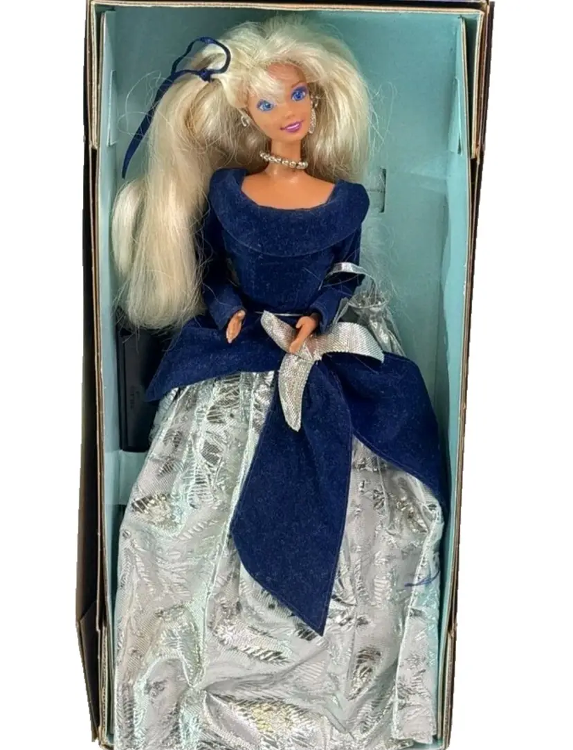 Vintage Mattel 1995 Avon Exclusive Winter Velvet Barbie Blue Silver Gown