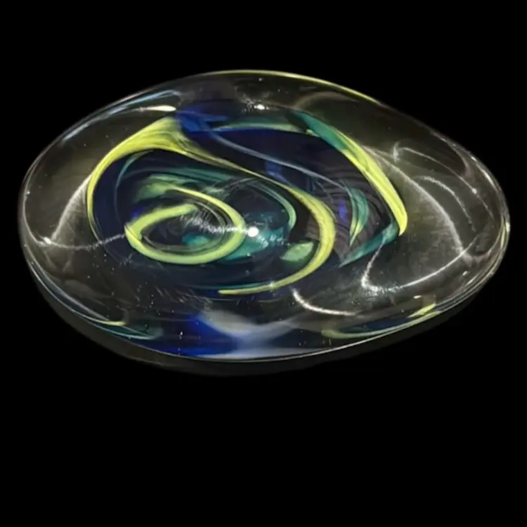 Art Glass Oval Blue/Yellow Swirl Paperweight Czech Republic