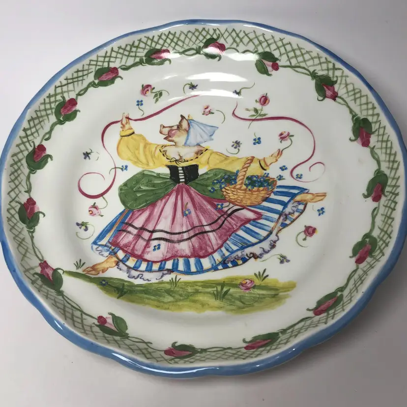 Vintage Pamela Silin-Palmer Dancing Pig 10" Serving Bowl Pink Rosebud Fairytale