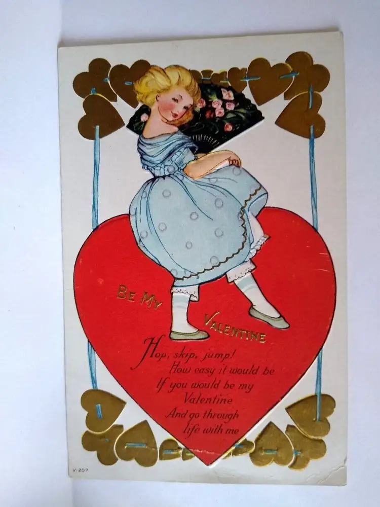 Valentine Postcard Women With Asian Fan Gold And Red Heads Embossed Series V 207