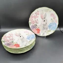 Bunny Rabbit Floral Plates Easter Spring Set of 6