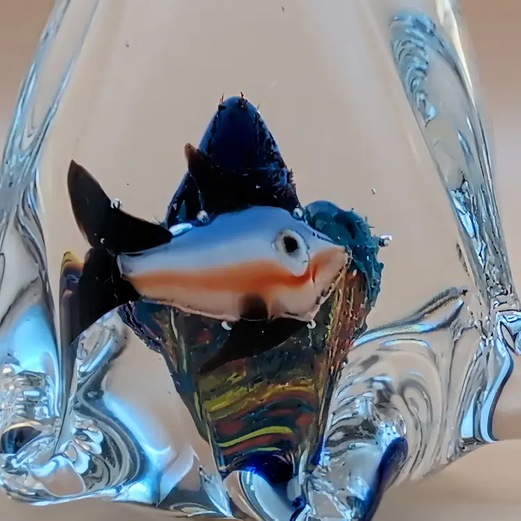 Art Glass Penguin with Colorful Fish and Coral Reef Interior Paperweight