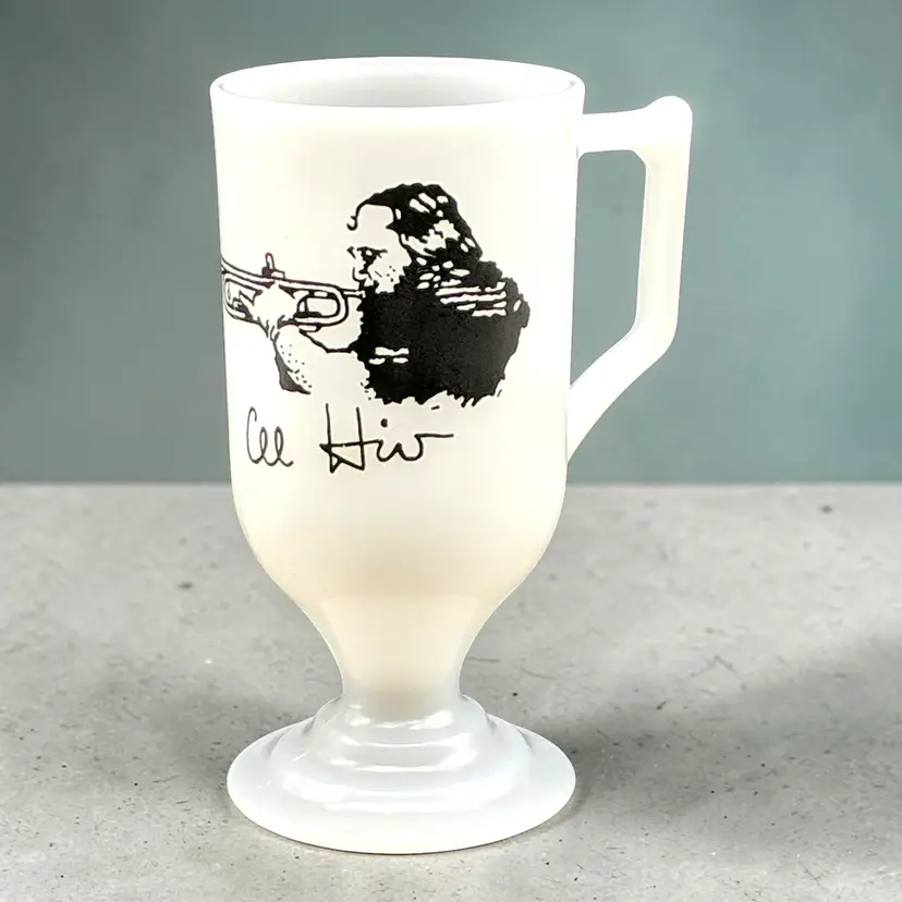 Vtg Al Hirt Legendary Jazz Trumpet Player Milk Glass Footed Coffee Tea Cup Mug