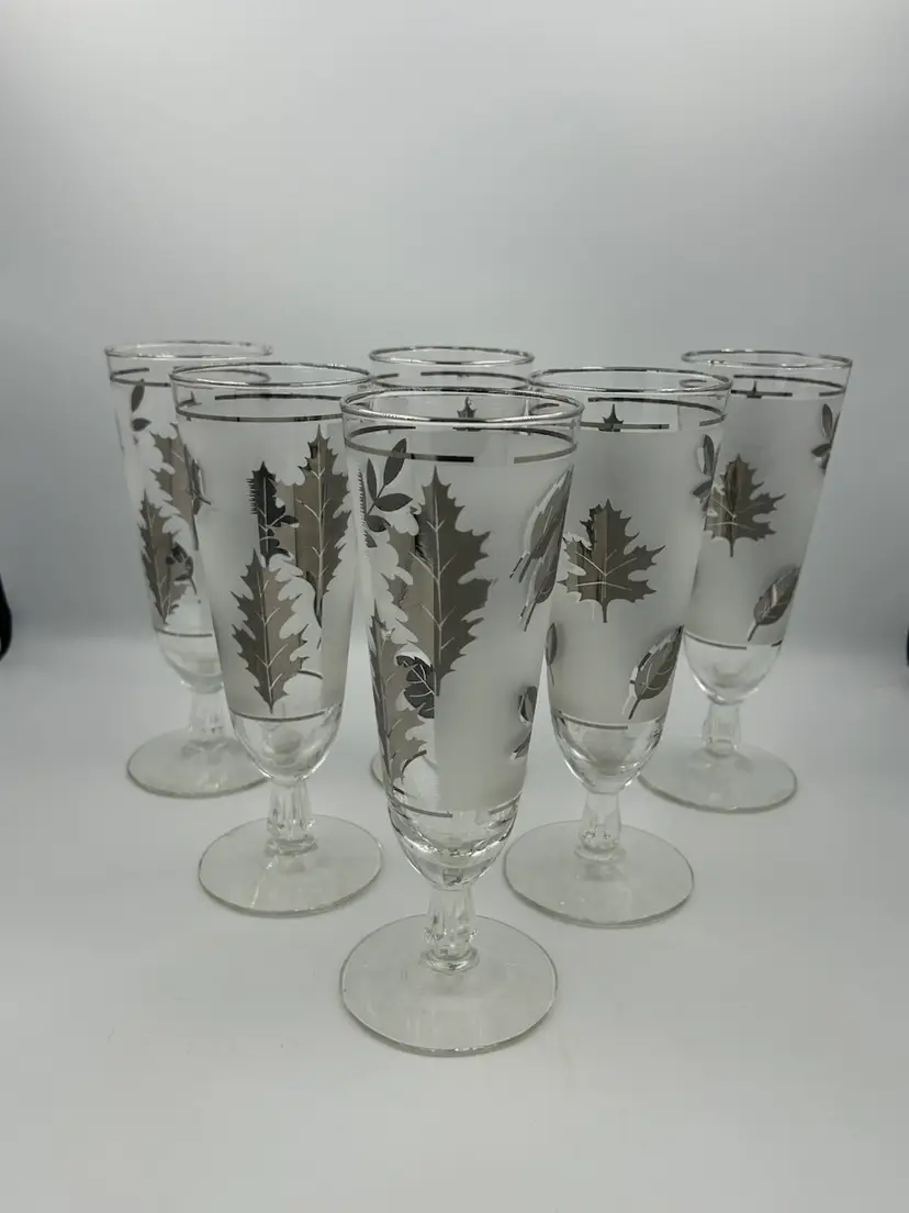 6 MCM Libbey Glasses, Stemmed, Pilsner Silver Leaf Frosted Bar READ