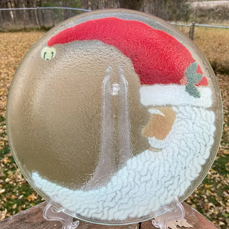 Peggy Karr, Fused Glass Plate, Christmas Crescent Moon Santa Claus. Artist Signed. 11.25”.