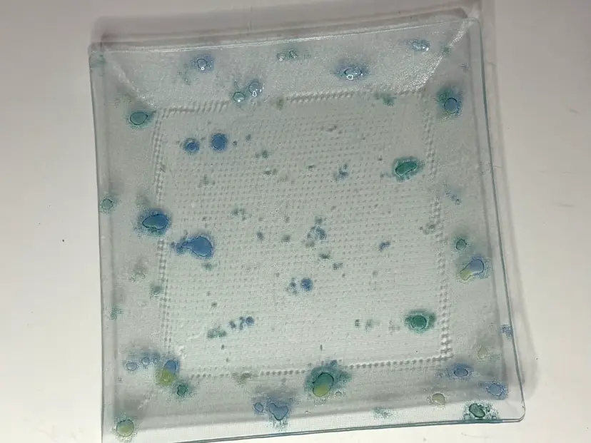 Contemporary Fused Art Glass Plate Square 10" Blue Green Yellow Atomic Dot Decor