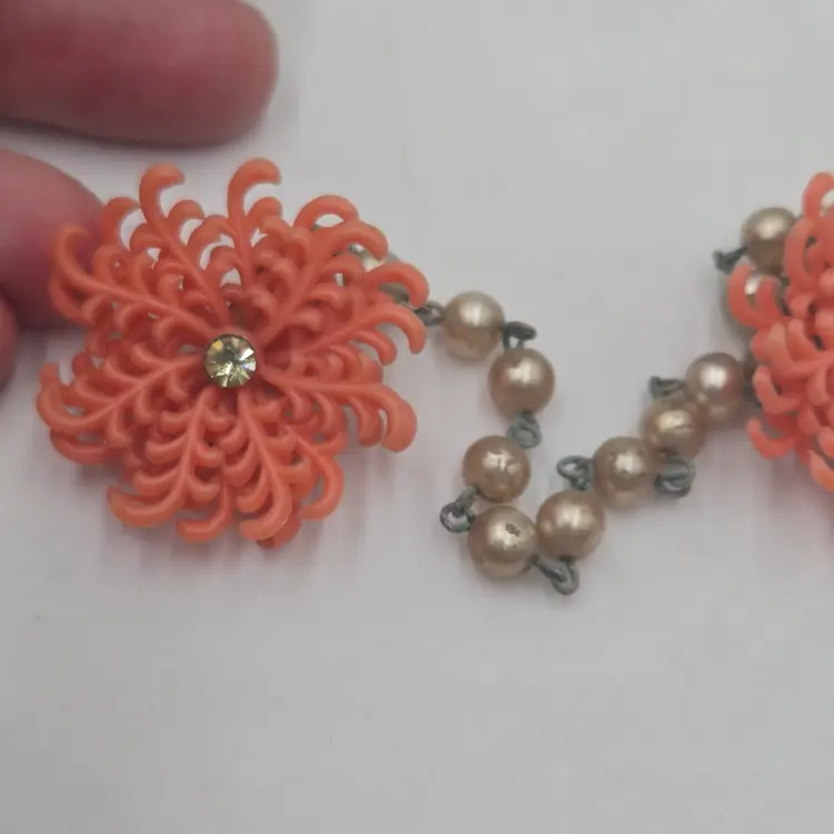 Vintage 40s Sweater Guard Orange Celluloid Flowers Rhinestone Retro Boho cottage