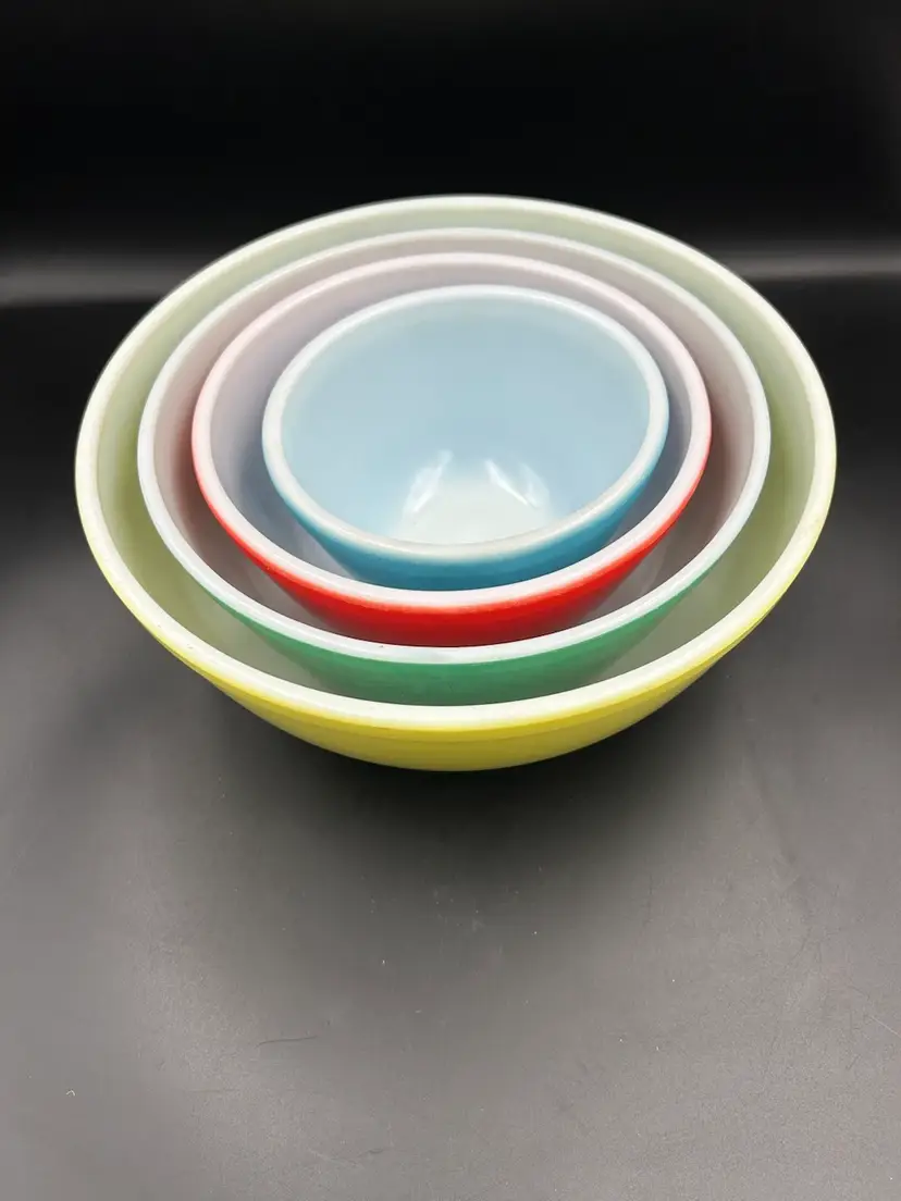 Vintage Set Of 4 Primary Color, Glass Mixing Bowl Set Used