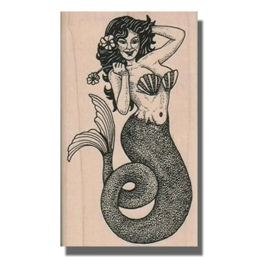 Mermaid With Shell Bra And Flower Rubber Stamp