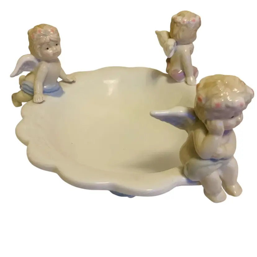 14. Gorgeous 3 Angel Trinket Dish 8” Long 4” Tall