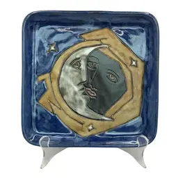 Design By Mara Mexico Signed Pottery Blue Square Plate Sun Moon Faces 8.5"