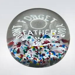 Antique Frit Glass Hand Blown Paperweight “Don’t Forget Your Father “ GLOWS!