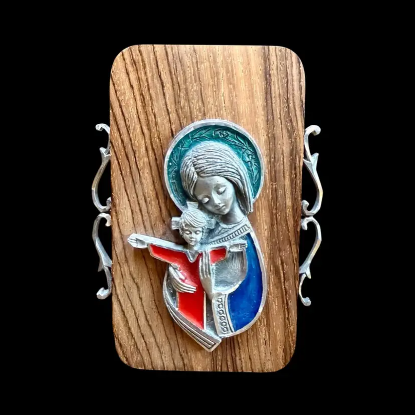 Vintage ITALY Peltro Cesselato A Mano Madonna & Child Tabletop Icon Pewter Wood