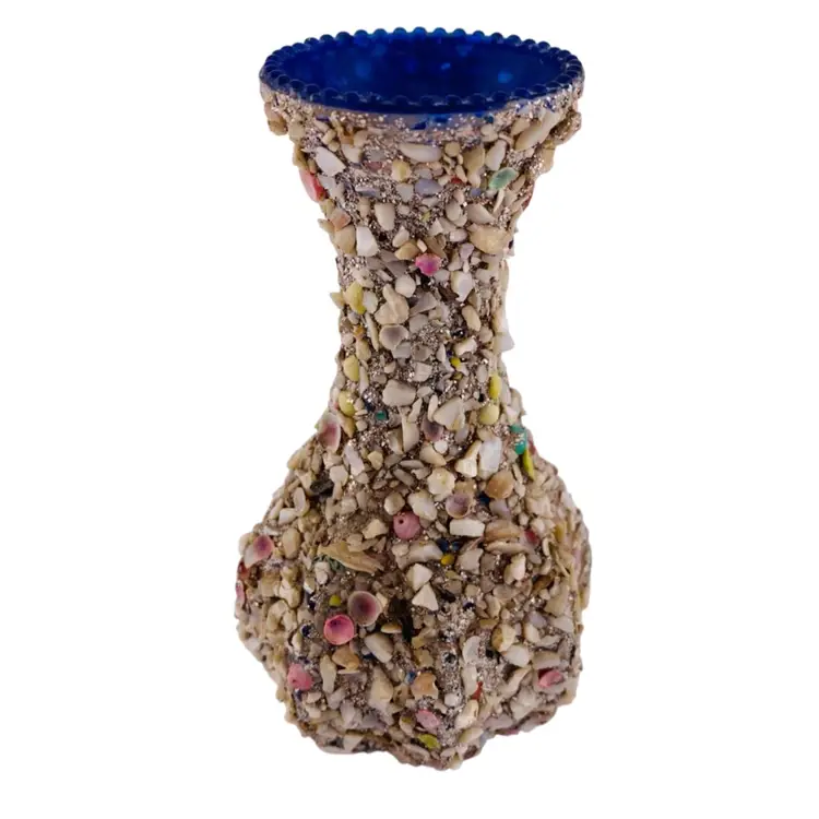 VTG Shell Covered Blue Glass Vase Souvenir Retro Beach House Coastal 5”