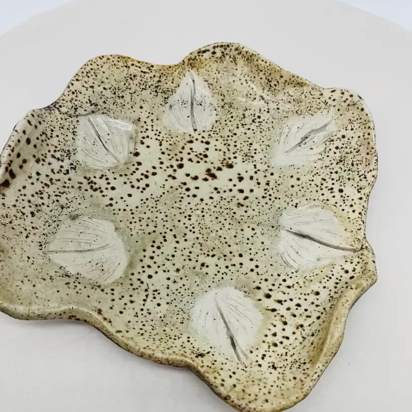 #2205 Hand Crafted Raku Grey Pottery With Leaf Decor Signed