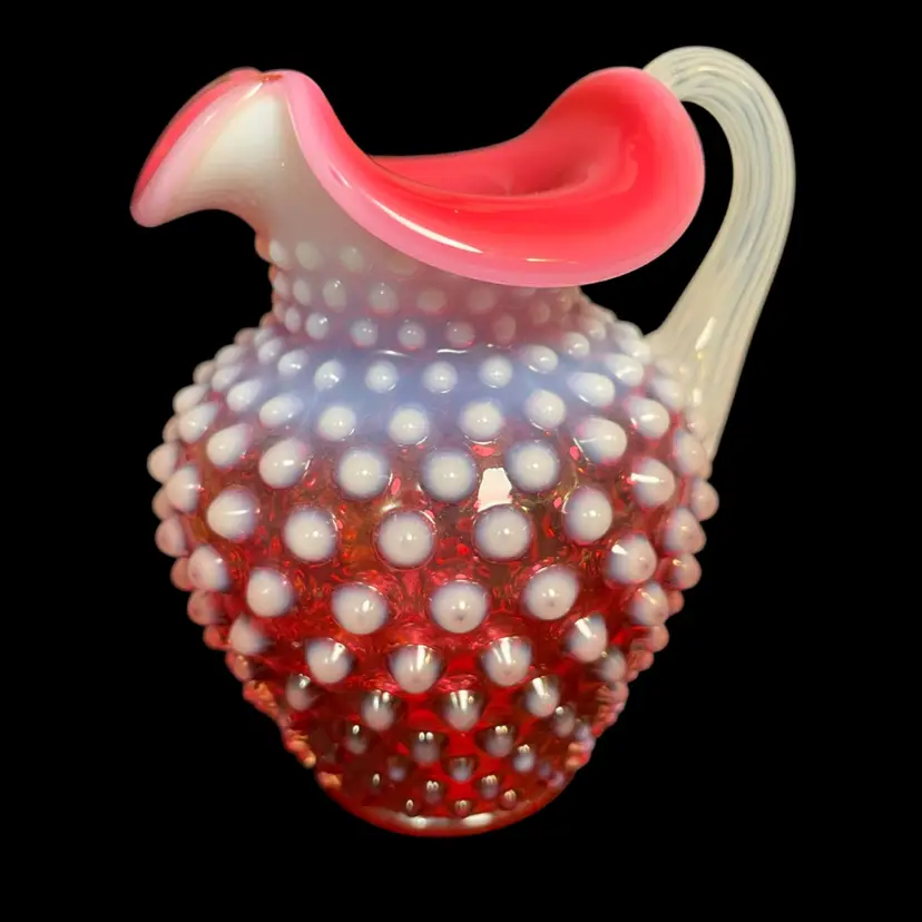 Fenton Cranberry Opalescent Hobnail Pitcher w/ Striped-Clear & White-Applied Handle
