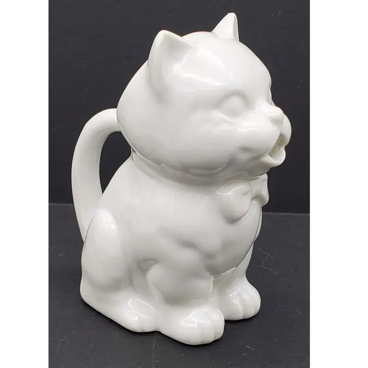 Vintage Ceramic Glazed Creamer Pitcher White Cat With Bowtie