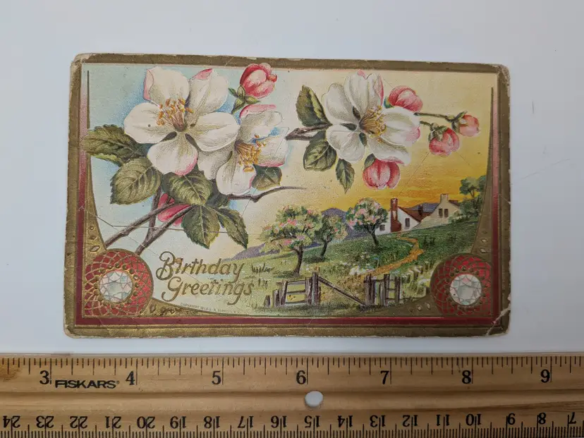 E18. ANTIQUE POSTCARD COPYRIGHT 1910 L.R. CONWELL NY BIRTHDAY WISHES FLORAL EMBOSSED