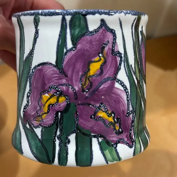 Artist Signed Studio Art Pottery Mugs With Purple Iris