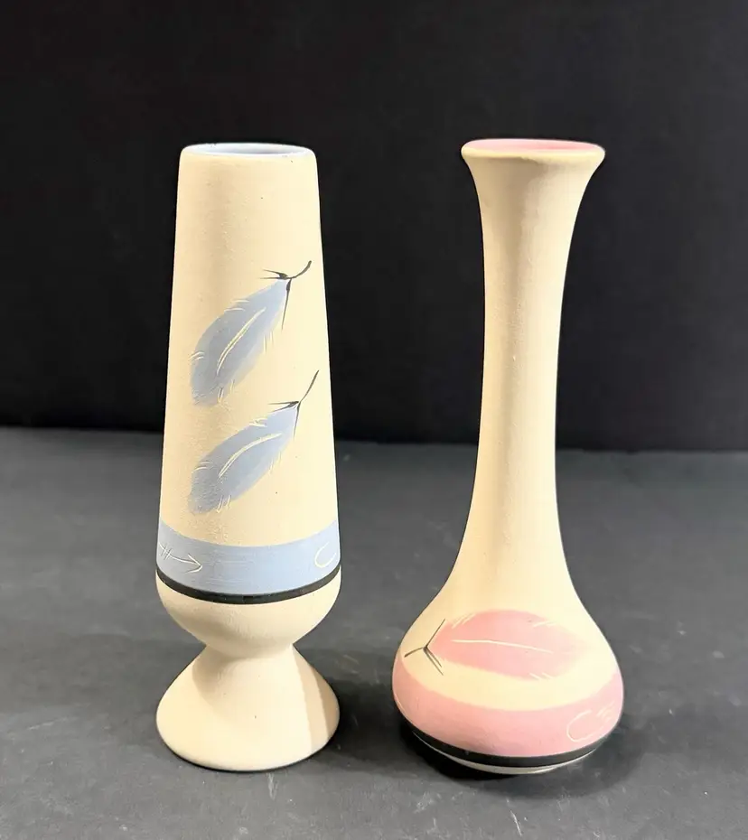 Native American Pottery Handmade Vase with Rose and Blue Feather Bud Vase