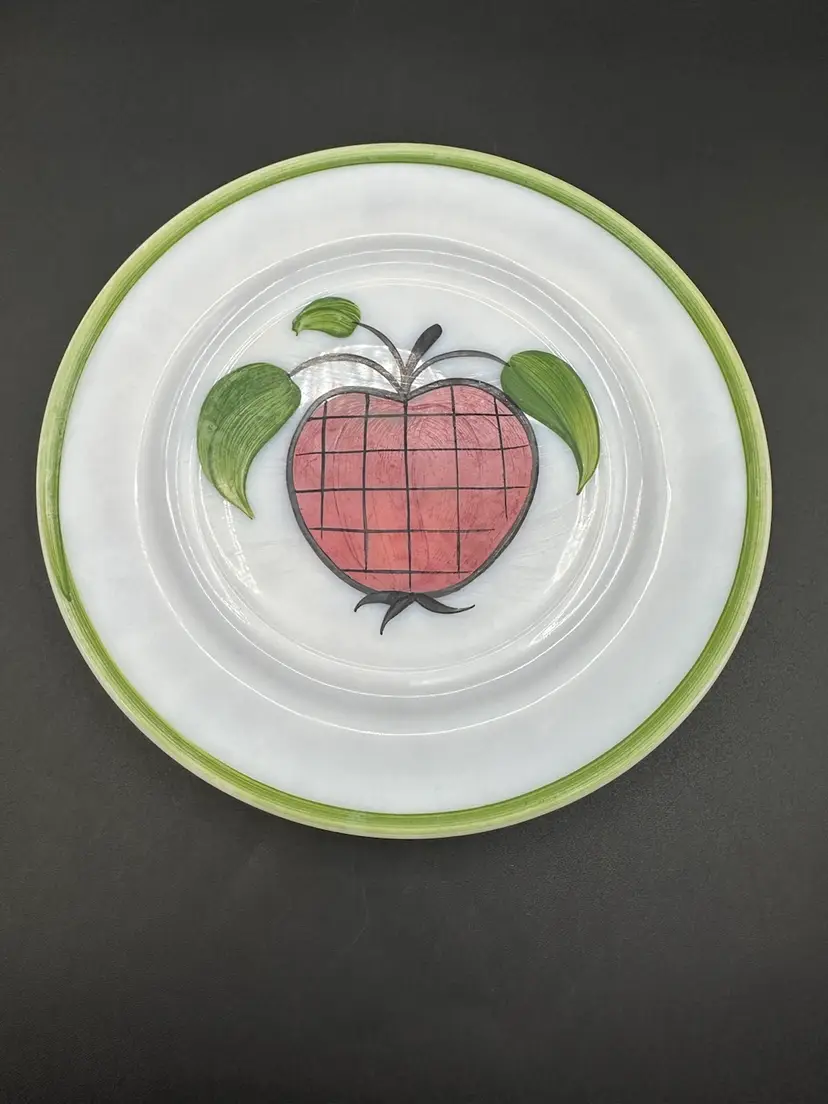 Fall Themed Hazel Atlas Handpainted Fruit Plate Set, Milk Glass, Set Of 4, 9” Plates