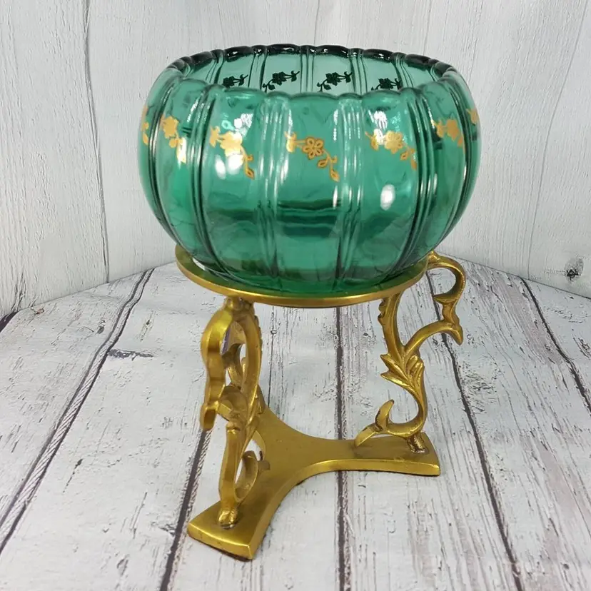 Vintage Fenton Spruce Green Ribbed Bowl Gold Flowers Candle Holder w Brass Stand