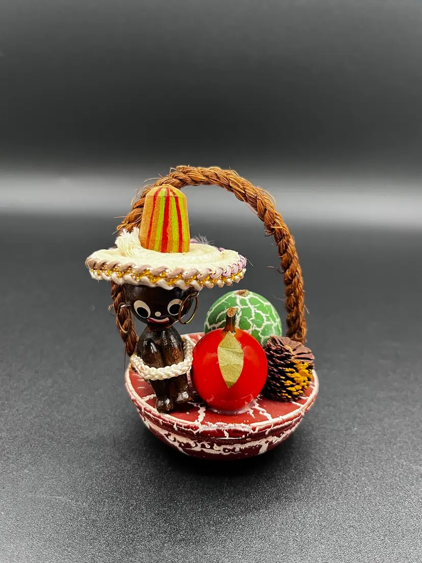 Japanese Kokeshi Doll In A Basket Of Fruit 3.5”🍎🍐🍋