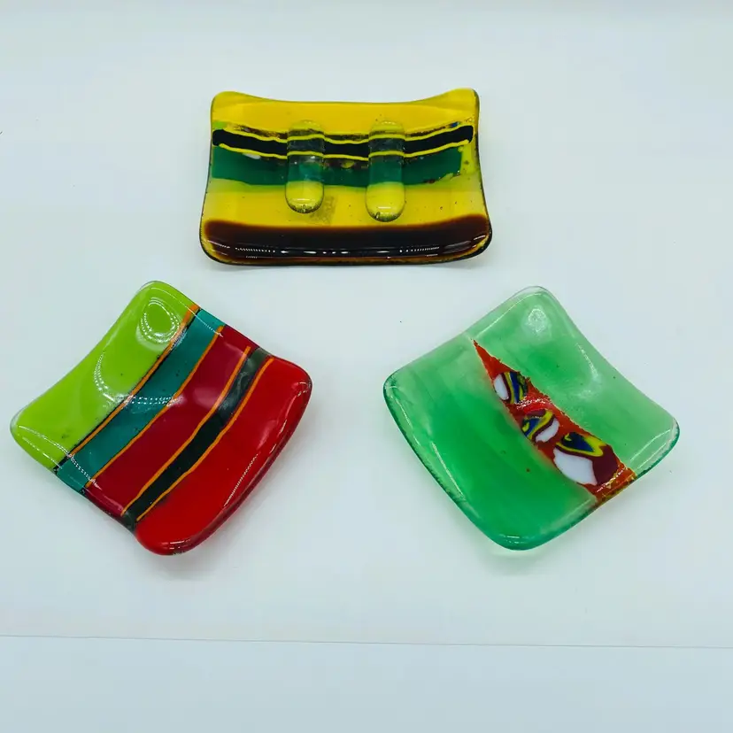 #1209 Set of 3 Fused Glass Dishes Made by Canadian Artisan-made fused glass art, soap dish and two trinket dishes