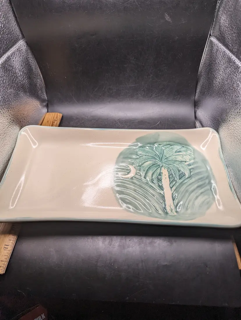 Vintage Studio Pottery Tray With Palm Tree and Crescent Moon Signed Hugh Wayne Stylish Beach Decor