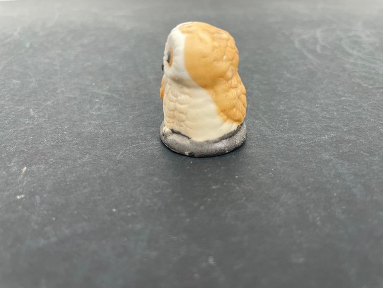 Vintage Ceramic Bisque Owl Thimble Figurine Hand Painted Cute Boho 1”