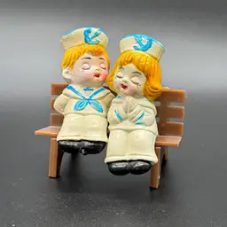 Salt and Pepper Shakers Sailors Girl Boy Plastic Uniform on Bench Stand