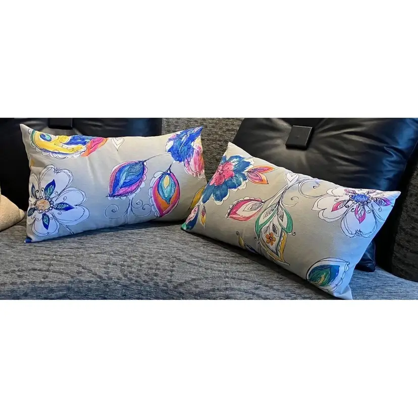 2 New handmade envelope pillow cover for 12 X 20 inserts, gray with flowers