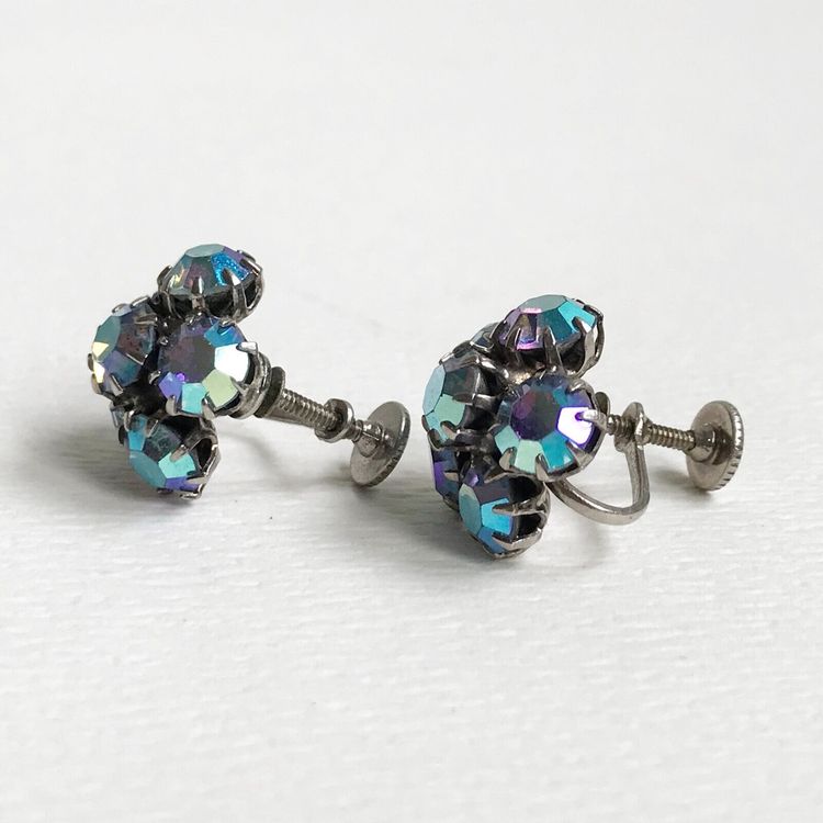 Vintage Weiss Prong Set AB Blue Glass Cluster Screw Back Earrings